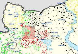 Ausschnitt aus einer Karte zum Syrien-Konflikt, Februar 2016 (https://en.wikipedia.org/wiki/Template:Syrian_Civil_War_detailed_map)