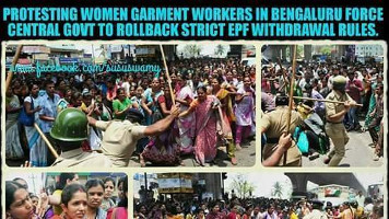 Protestplakat gegen Massenfestnahmen streikender Textilarbeiterinnen in Bangalore vom 5.5.2016