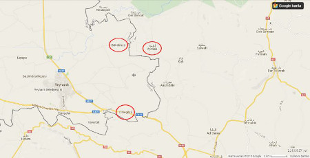 Diese Karte zeigt das Dorf Bükülmez, den Grenzübergang Cilvegözü und das Flüchtlingslager Atme entlang der Grenze zwischen Reyhanlı (Türkei) und Idlib (Syrien) (2. Bericht des Friedensratschlags Hatay - April 2016)