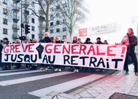 Der CGT Block bei der Demonstration gegen die Rentenreform Macrons am 5.12.2019 tritt für die Fortsetzung des Streiks ein