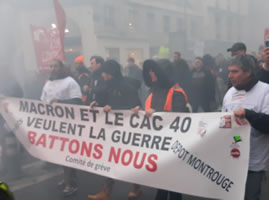 Demo am 9.1.20 in Paris: Streikkomitee aus einem Métro- oder Bus-Endbahnhof im Pariser Süden. "Macron & und die Börsenkonzerne (des Aktienindex CAC40) wollen den Krieg" (Foto: Bernard Schmid)