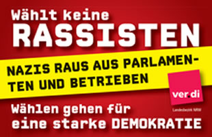 ver.di NRW-Aktionswoche 17. bis zum 22. August: Nazis raus aus Parlamenten und Betrieben