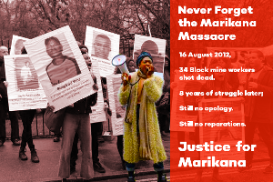 Plakat zur Mobilisierung der Marikana-Solidarität in Südafrika und Großbritannien 2020