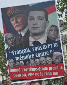 Frankreich: Plakat bei der antifaschistischen und feministischen Demo am 16.6.2024 in Paris (Foto Bernard Schmid)